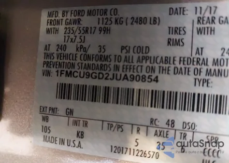 2018 Ford Escape Se z USA, uszkodzony, nr VIN 1FMCU9GD2JUA90854